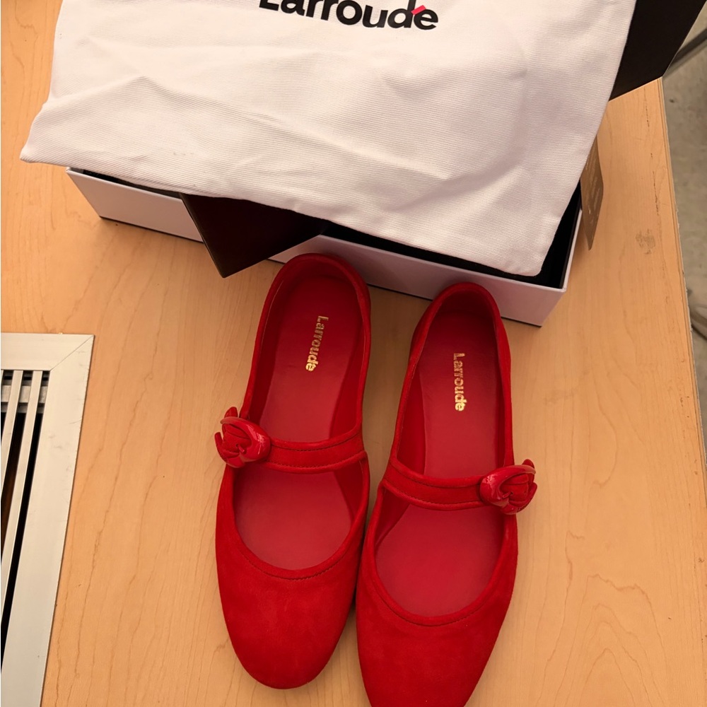 Larroude Red Suede Mary Jane Flats with Rosette